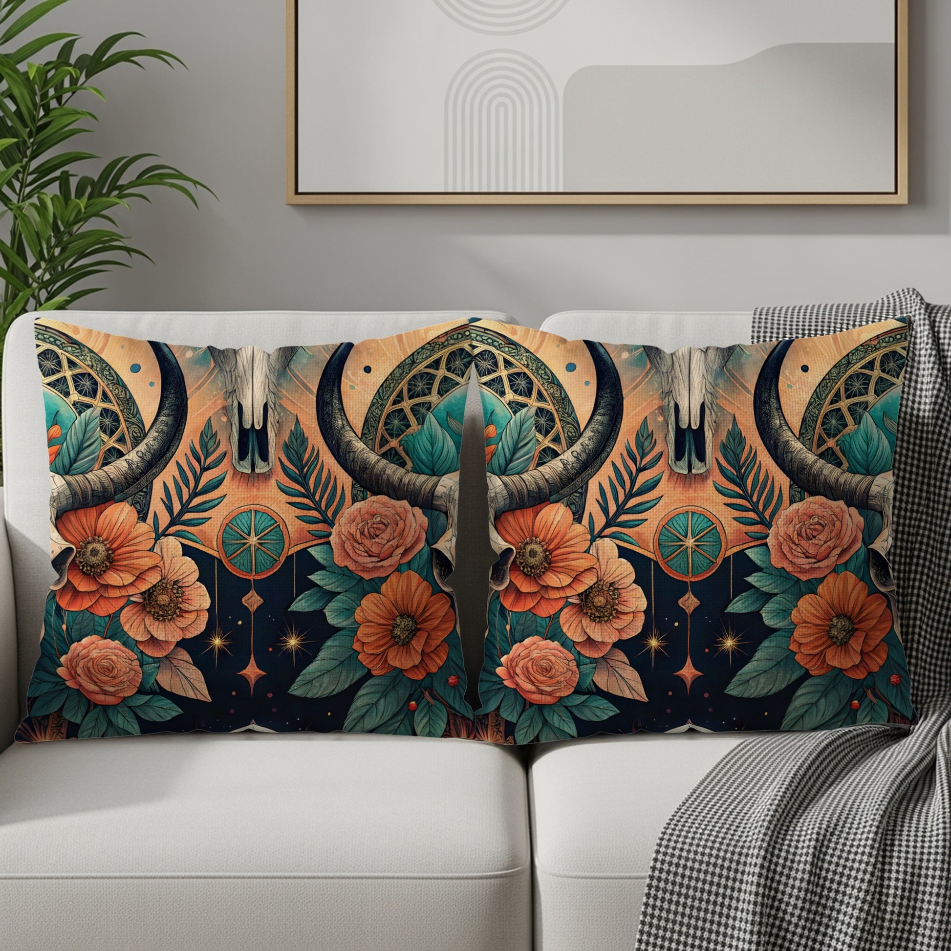 Boho Chic Skull and Floral Decorative Pillow Cover