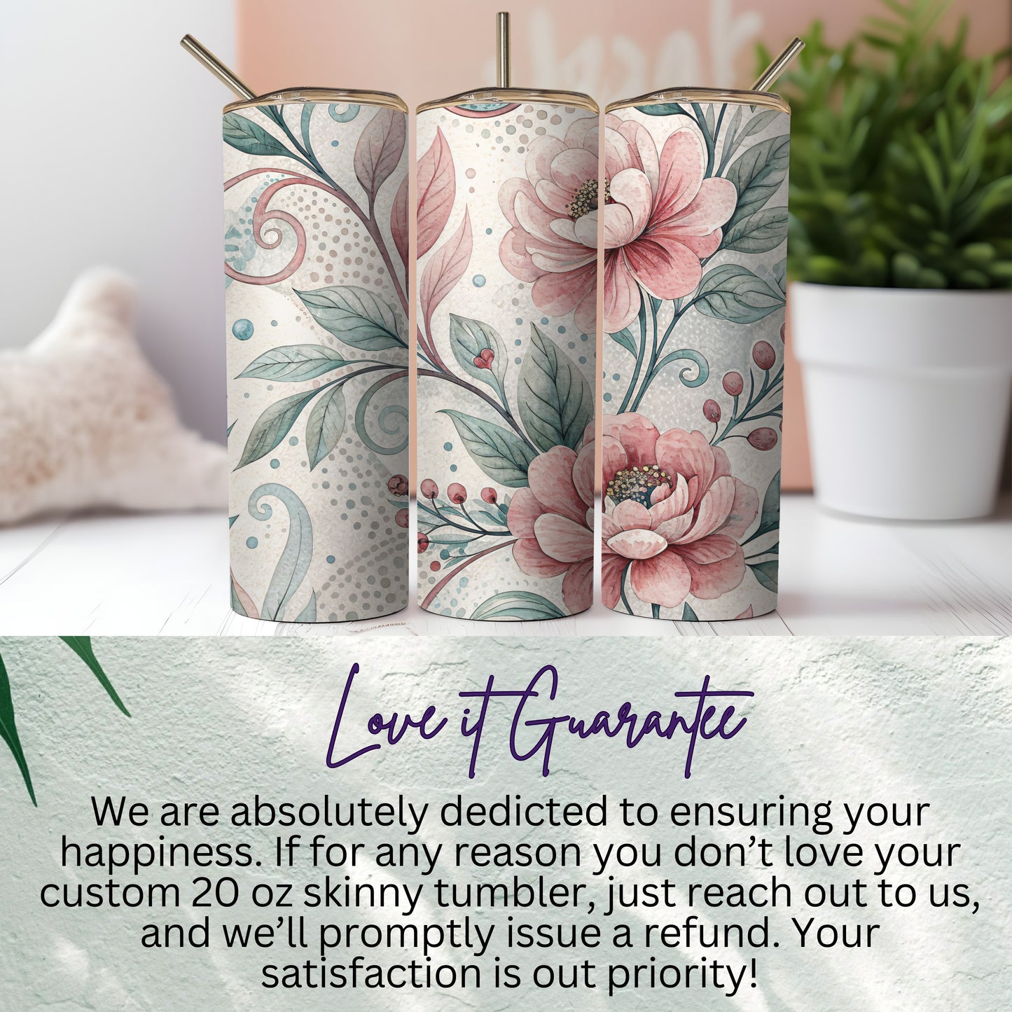 Floral Watercolor Elegant Design Flowers Roses 20 oz Skinny Tumbler - Walk Greener