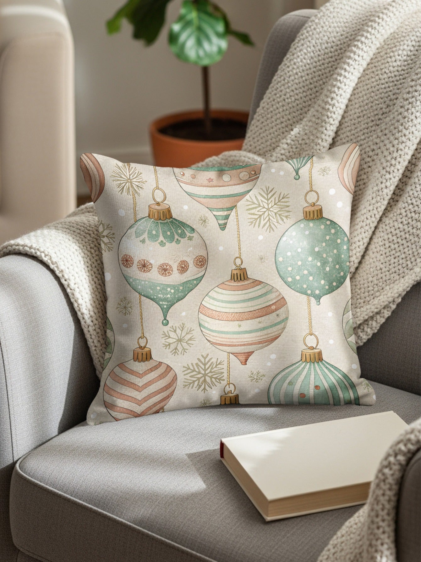 Vintage Christmas Ornament Print Festive Throw Pillow