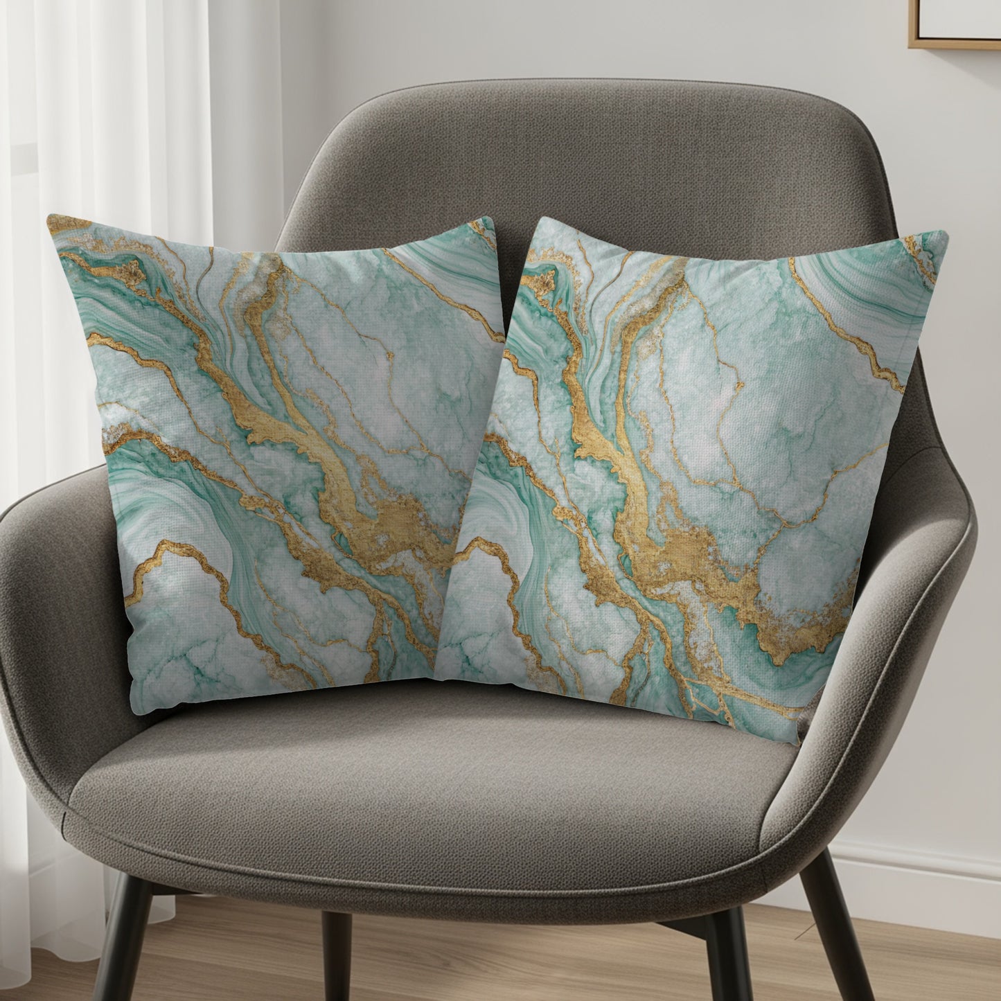Elegant Green and Gold Marbled Cushion Covers Set Decor