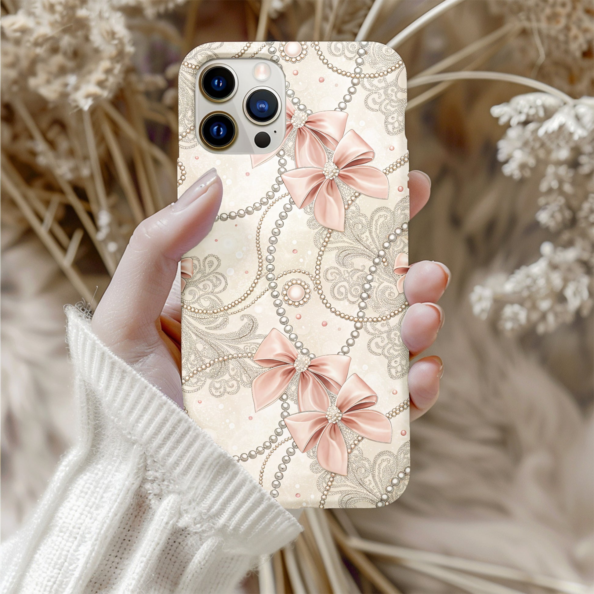 Elegant Pink Bow and Pearl Decorative Phone Case