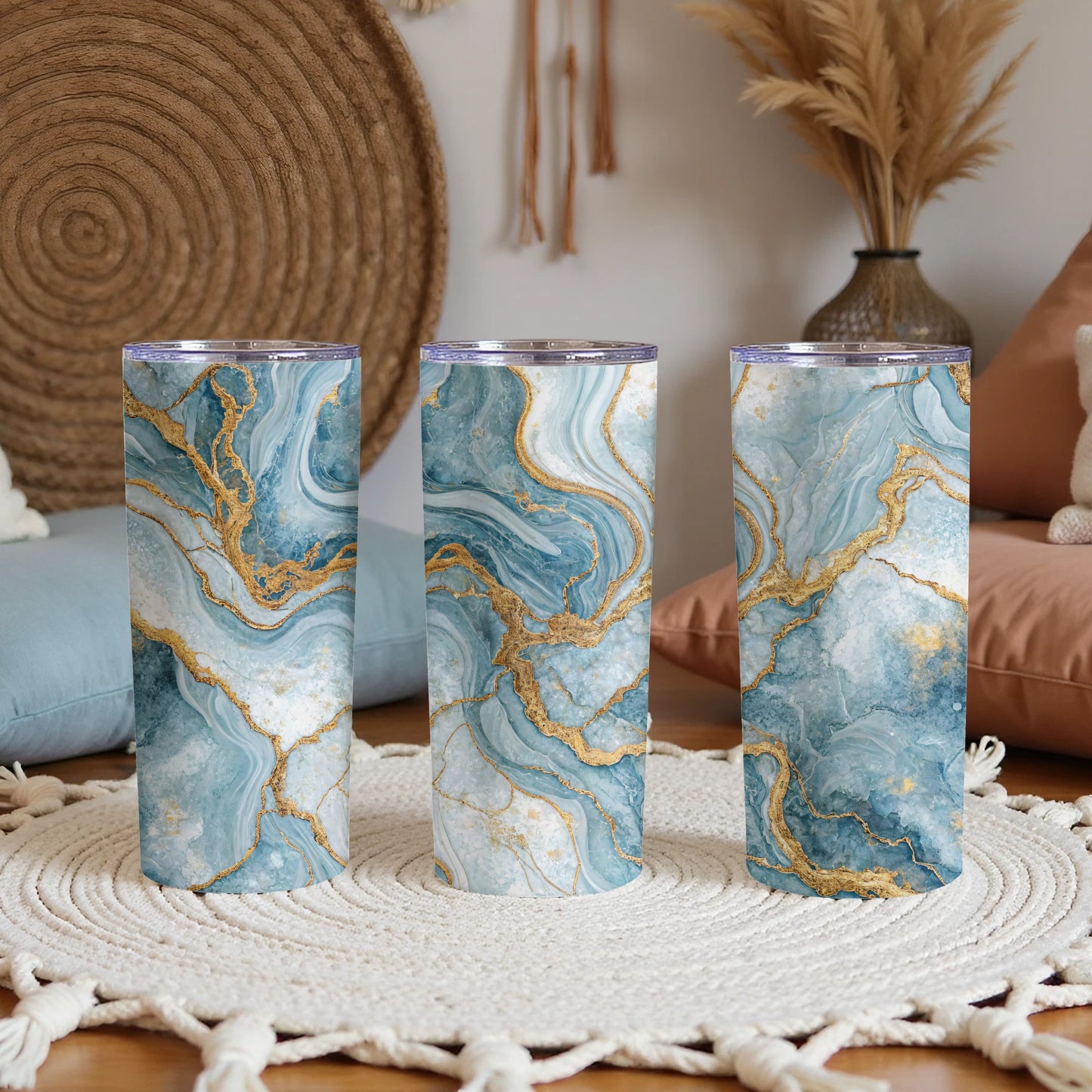 Elegant Blue and Gold Marble Insulated Tumbler Cups