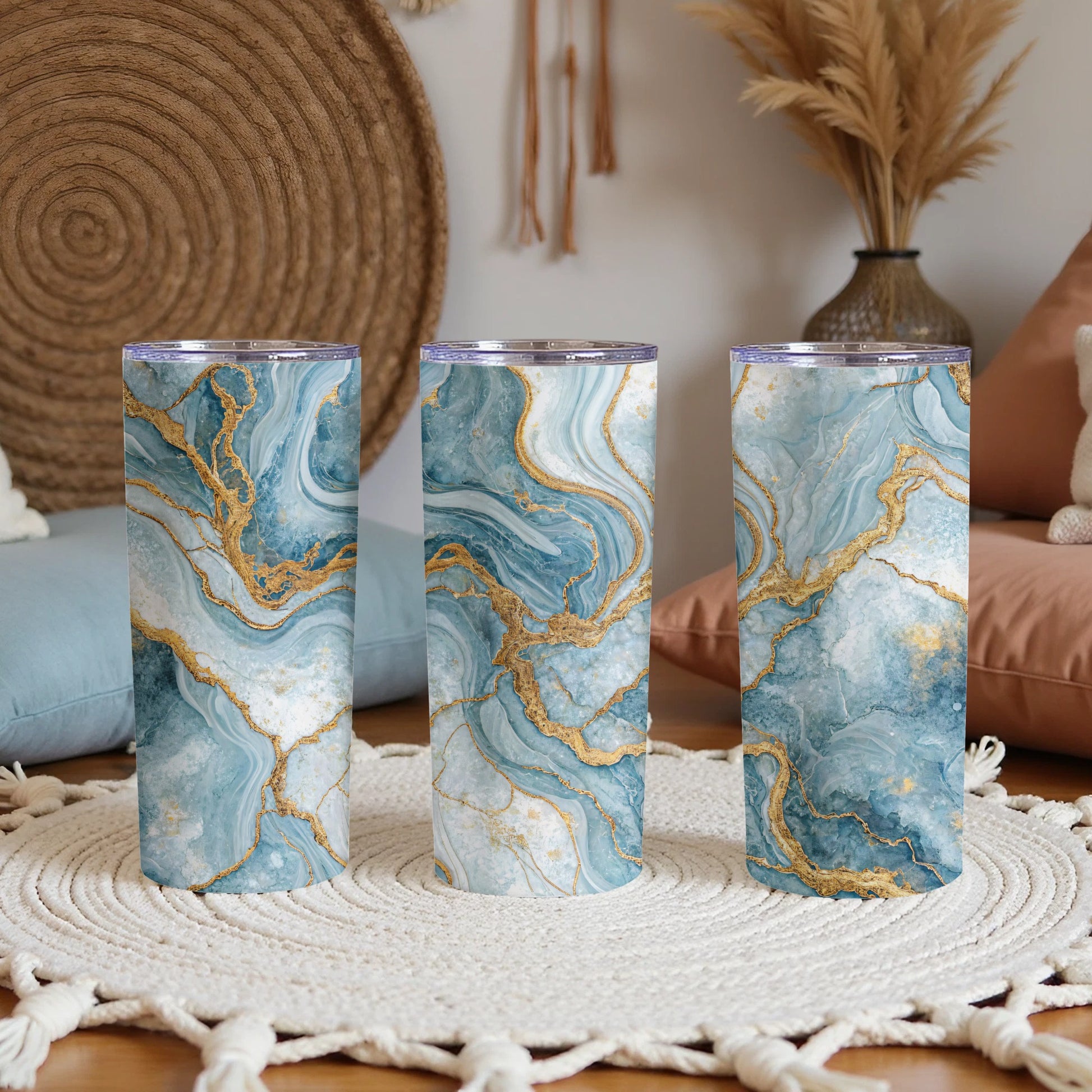 Elegant Blue and Gold Marble Insulated Tumbler Cups