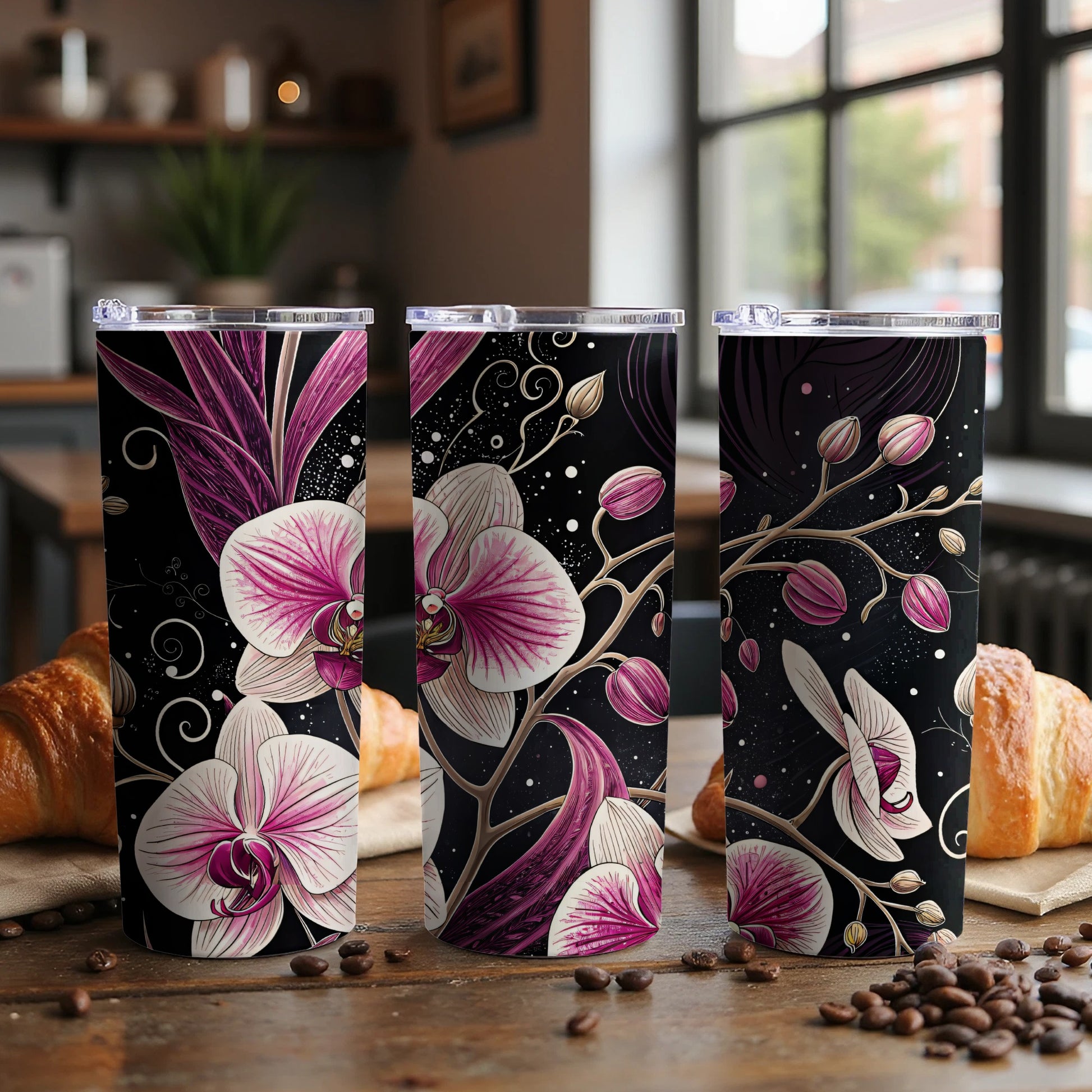 Pink Orchids On Black With Swirls Floral Art Tumblers - Walk Greener
