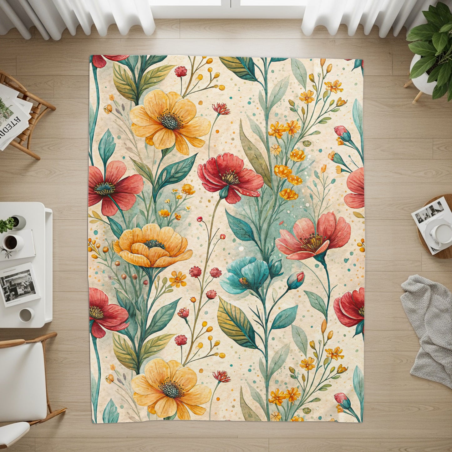Floral Pattern with Watercolor Style Velveteen Plush Blankets - Walk Greener