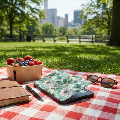 Floral Design Tablet Case on Picnic Blanket Scene