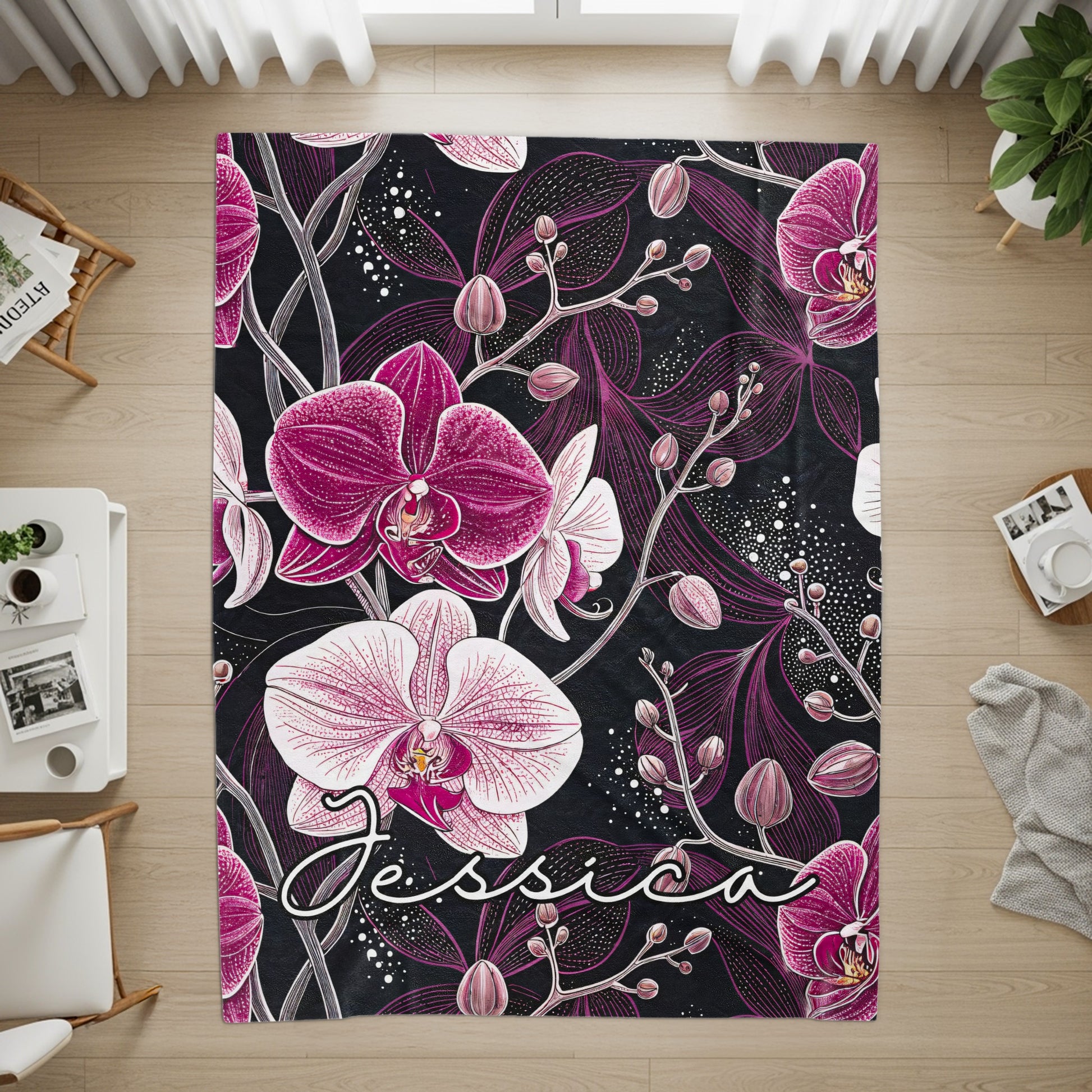Personalized Pink Orchids Blanket with Name Jessica