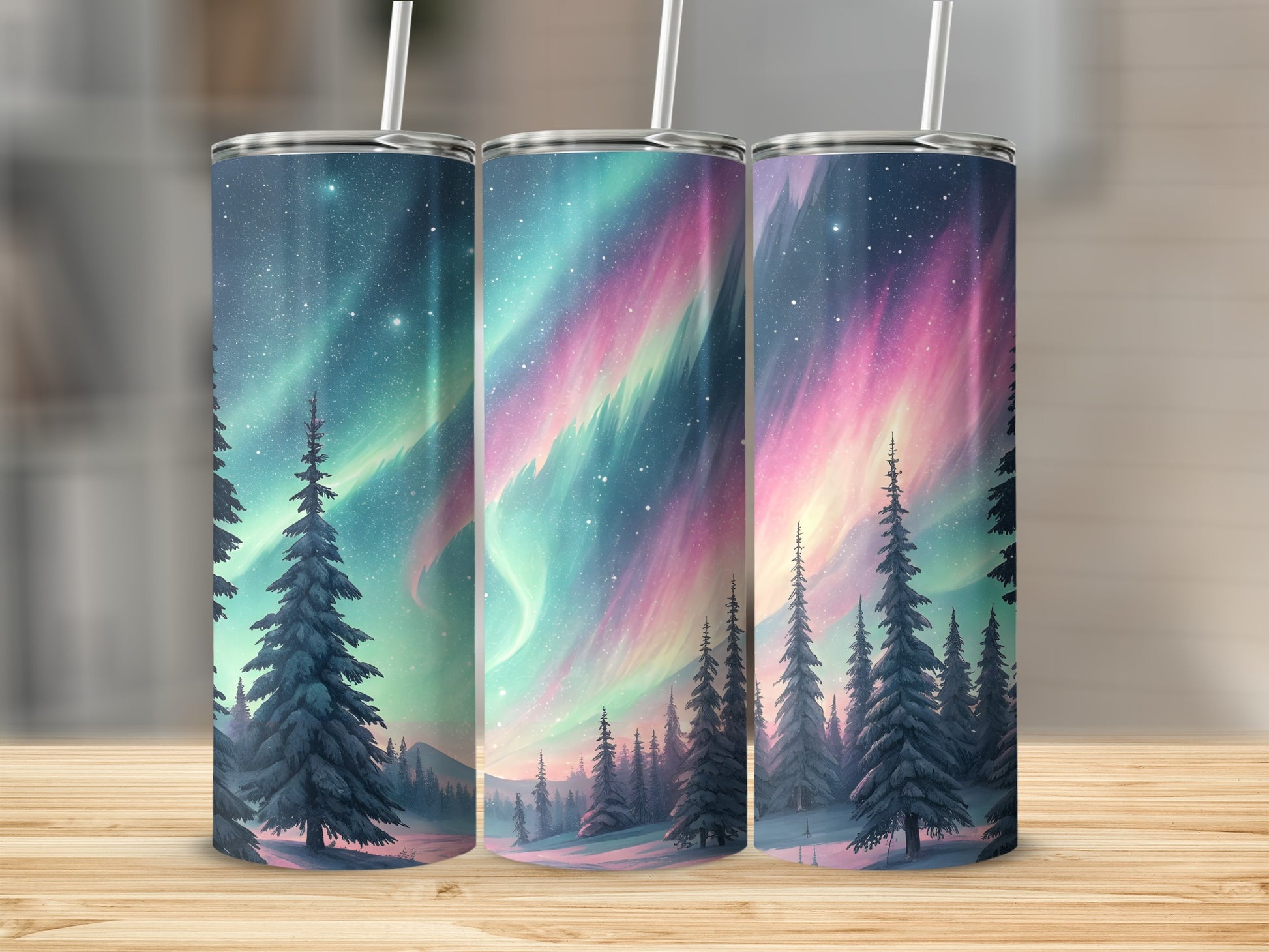 Aurora Borealis Scene with Winter Trees Design Tumbler - Walk Greener