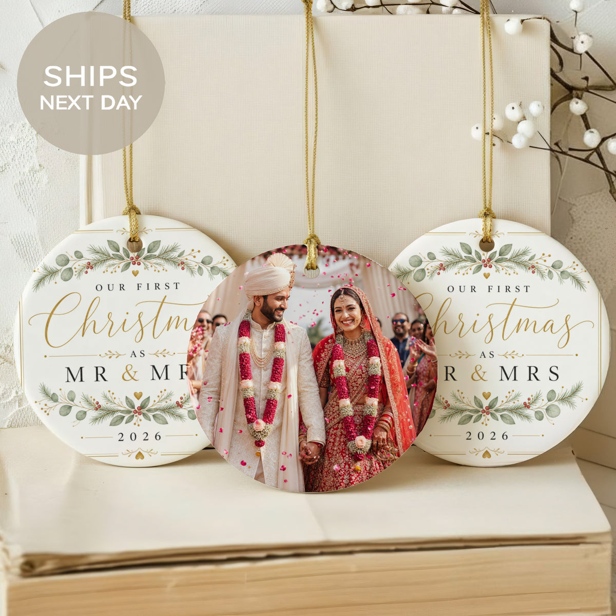 Our First Christmas As Mr & Mrs 2026 ornament with wedding photo.
