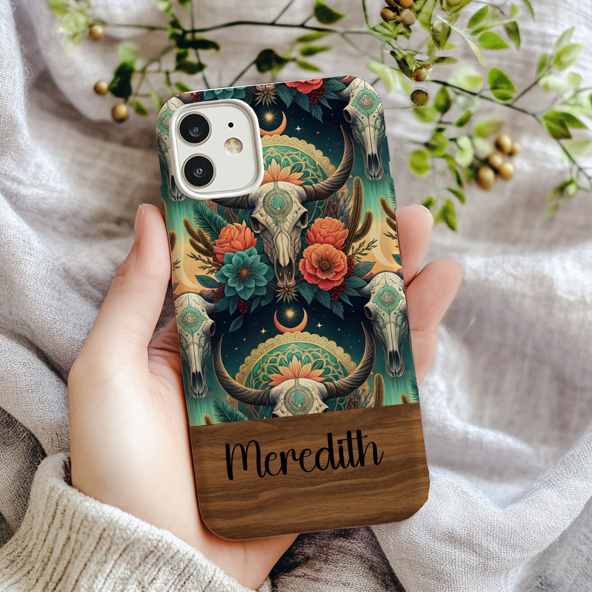Personalized Floral Skull Design Phone Case with Name