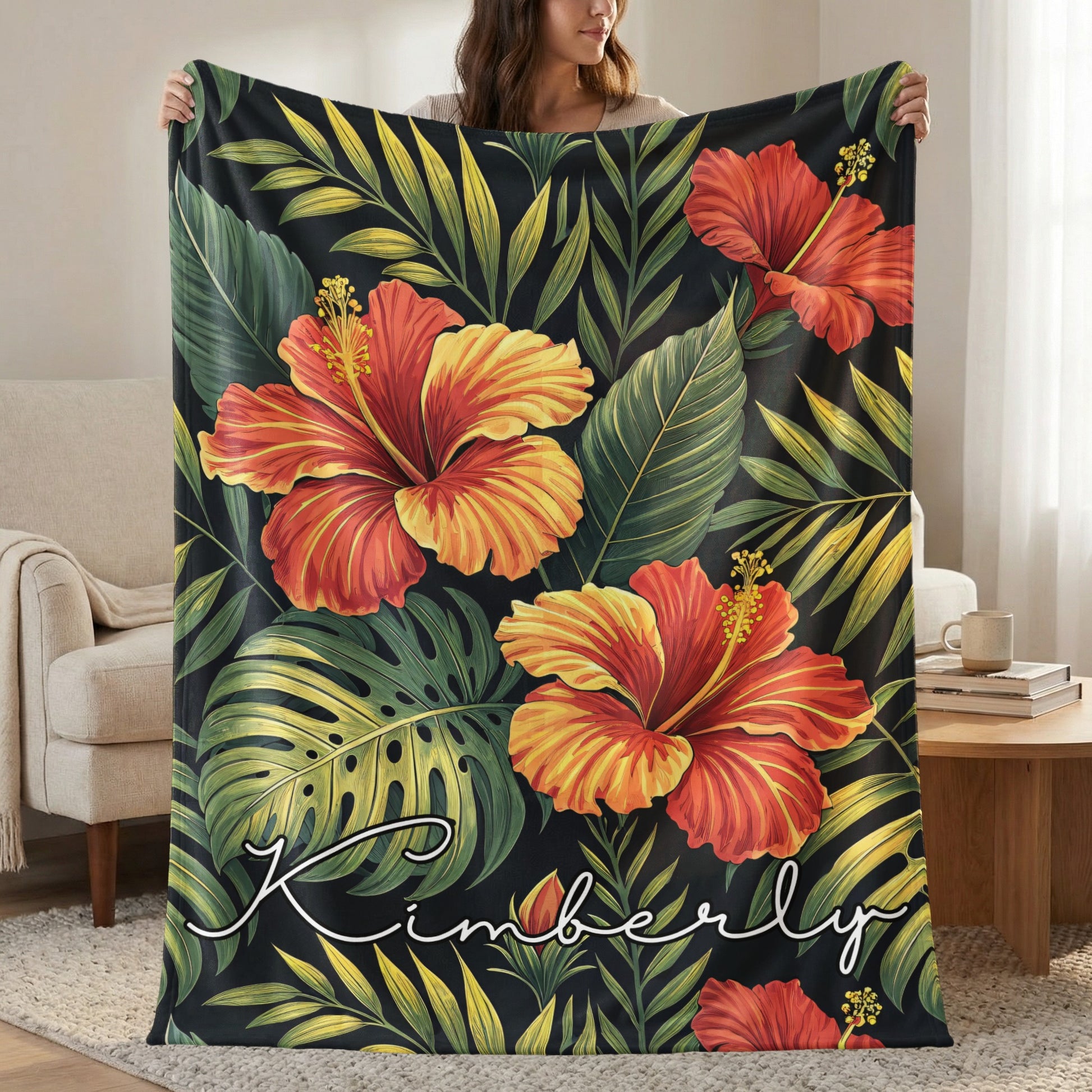 Tropical Floral Print Customized Blanket with Name Design