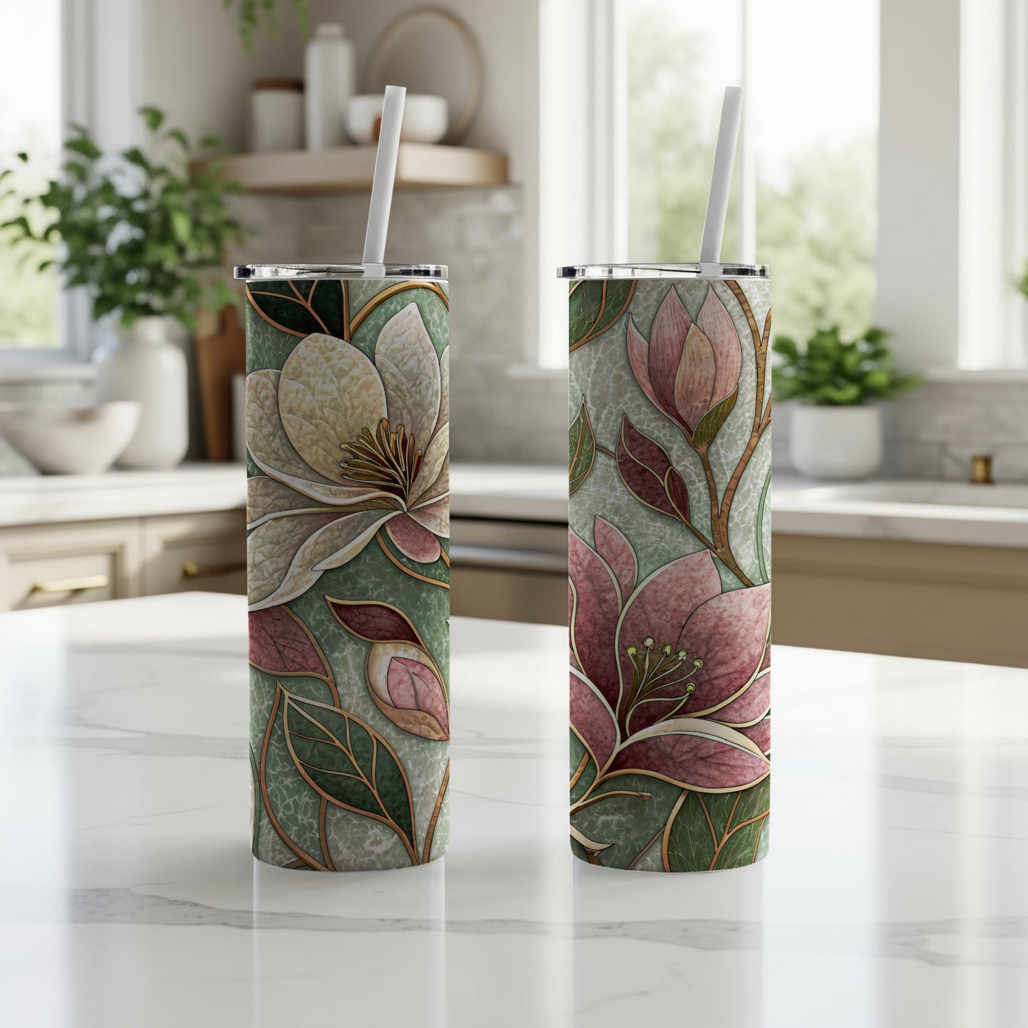 Elegant Floral Pattern Magnolia Blossoms Floral 20 oz Skinny Tumbler - Walk Greener