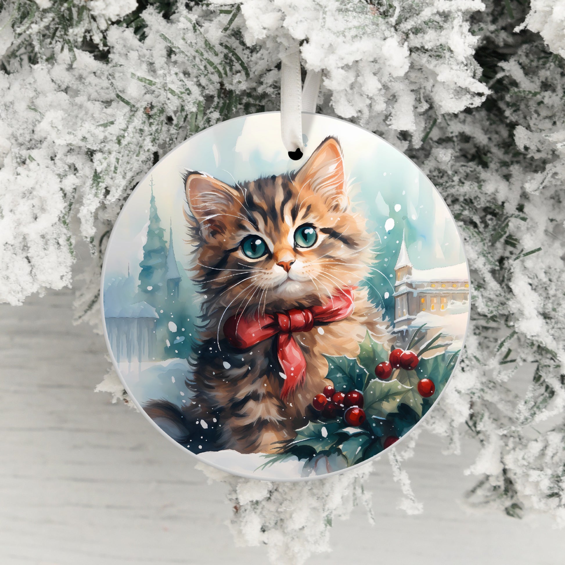 Festive Kitten with Red Bow Christmas Ornament product