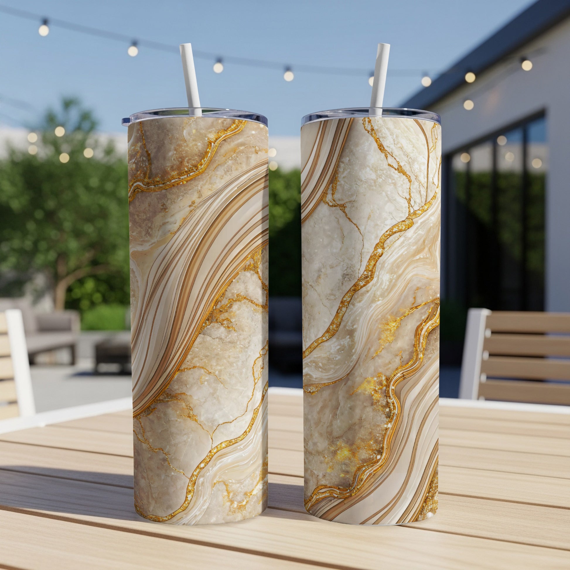 Elegant Marble Design Insulated Tumbler with Straw