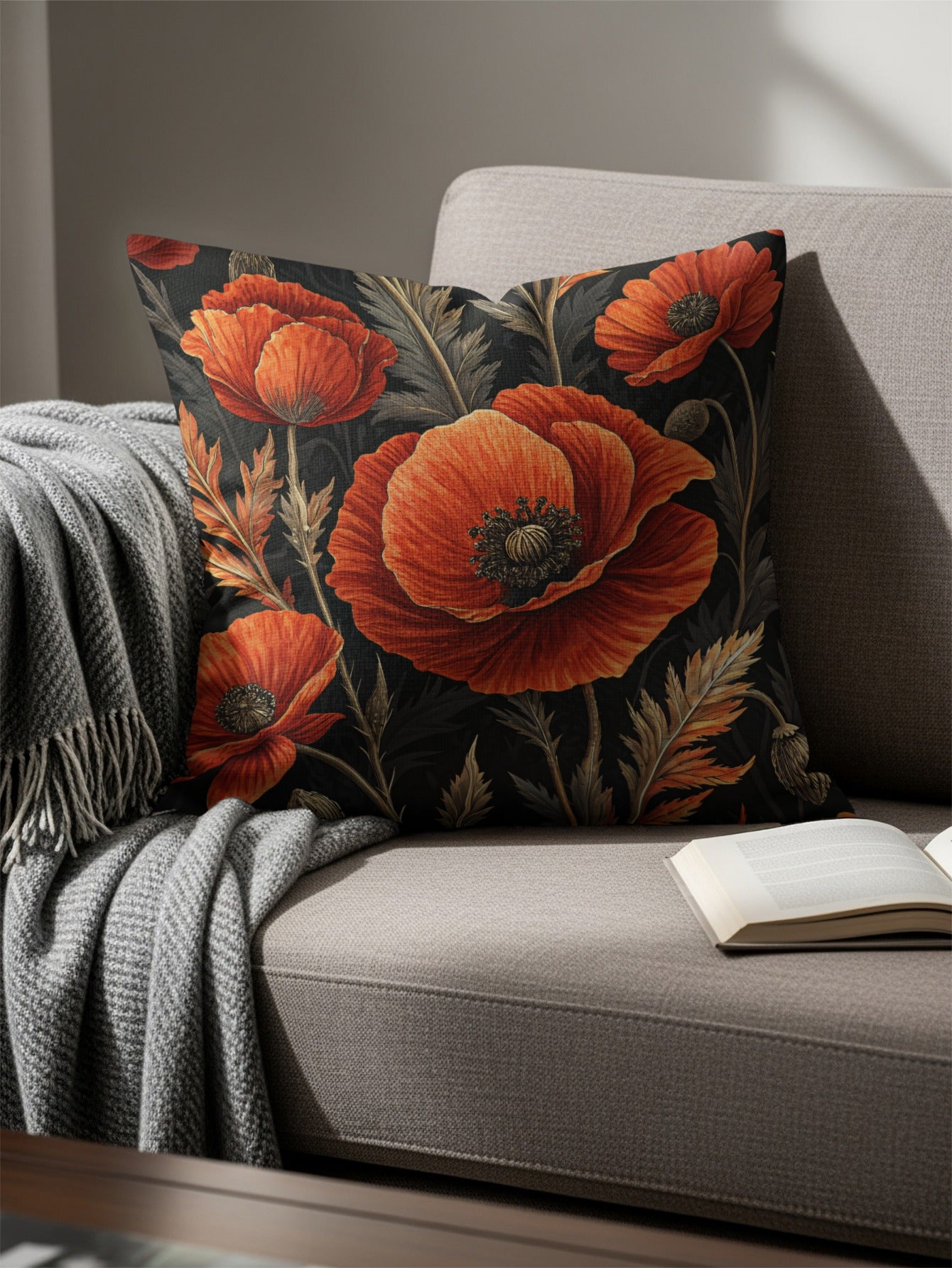 Vibrant Red Floral Cushion with Artistic Poppy Design