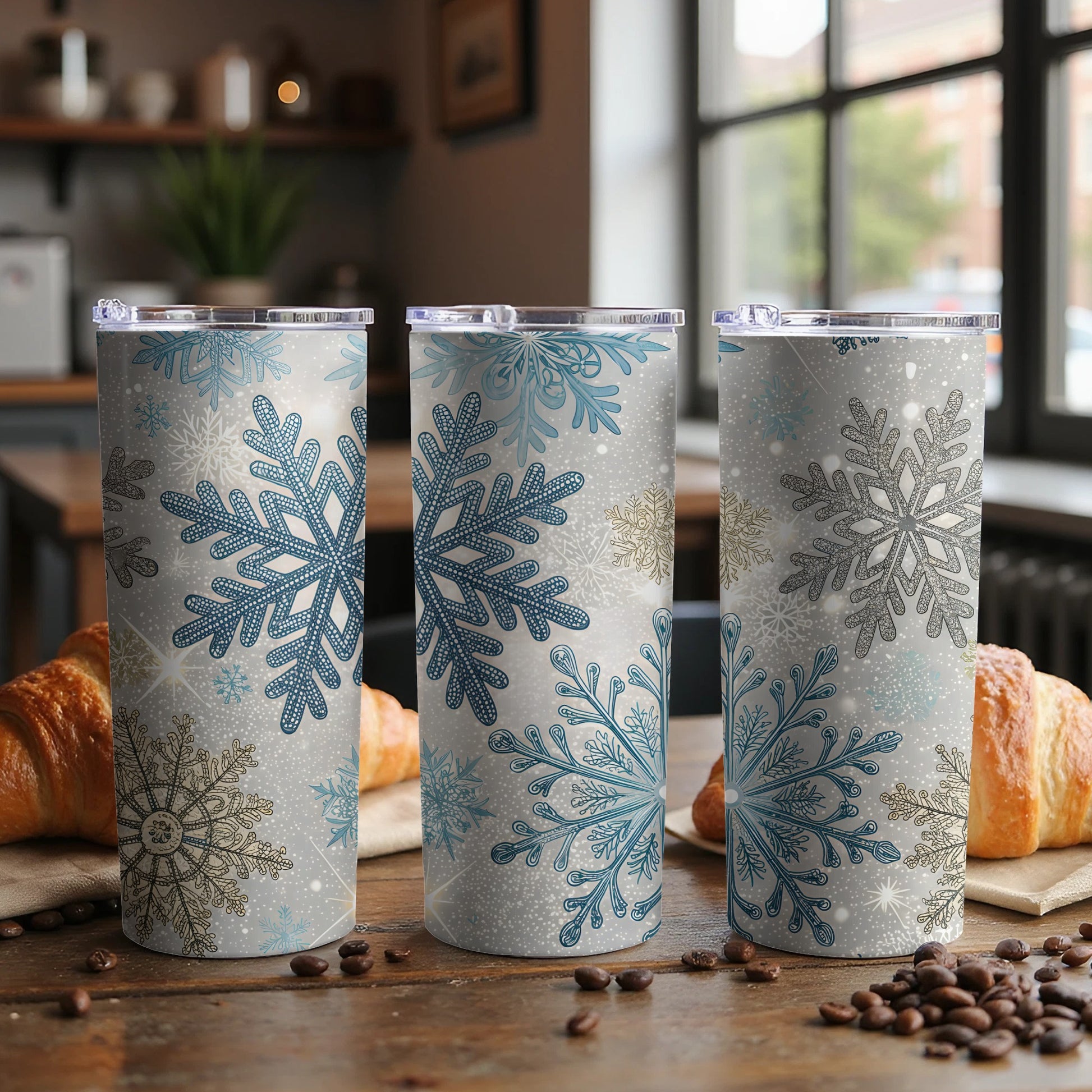 Snowflake Pattern Insulated Tumbler Cup with Lid