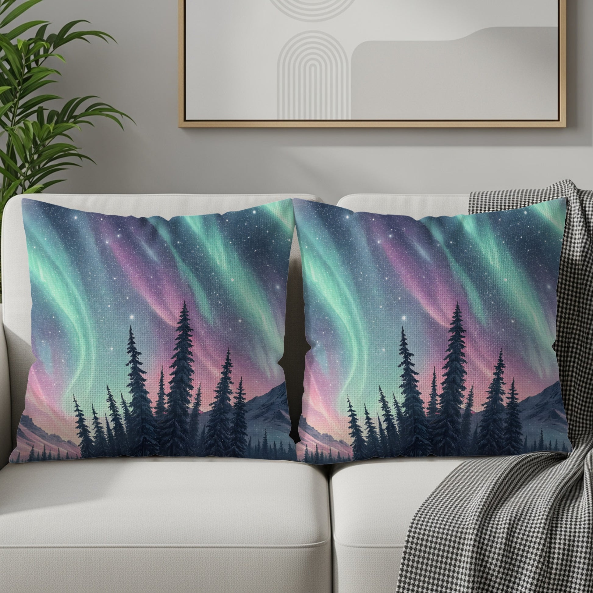 Northern Lights Forest Print Throw Pillow Product