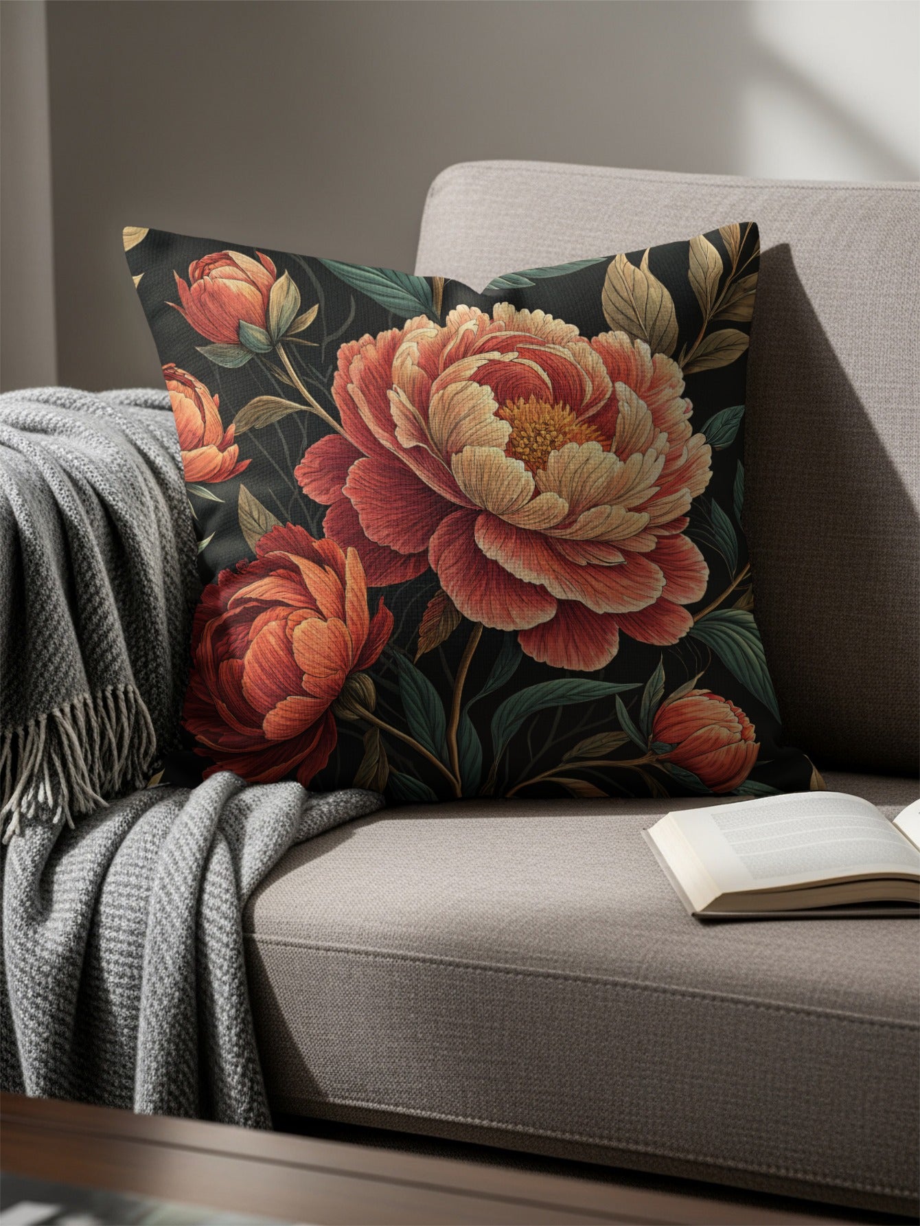 Lush Peonies on Dark Ground Decorative Floral Throw Pillows - Walk Greener