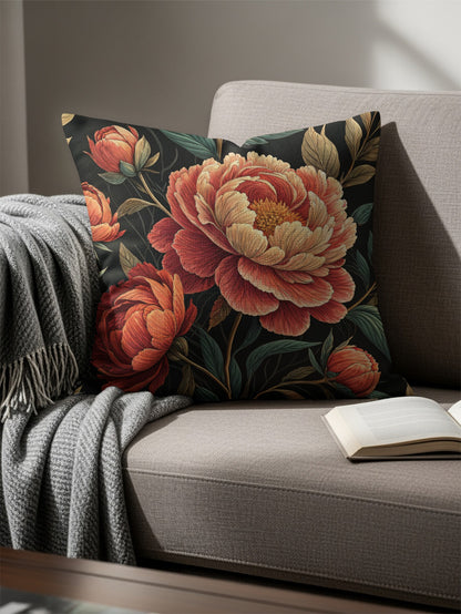 Lush Peonies on Dark Ground Decorative Floral Throw Pillows - Walk Greener