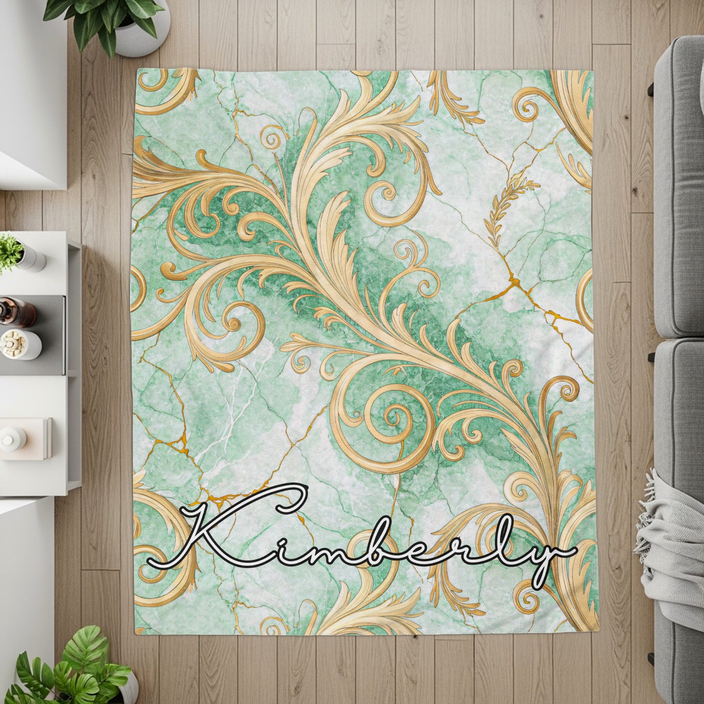 Personalized Kimberly Green Marble Gold Swirl Rug