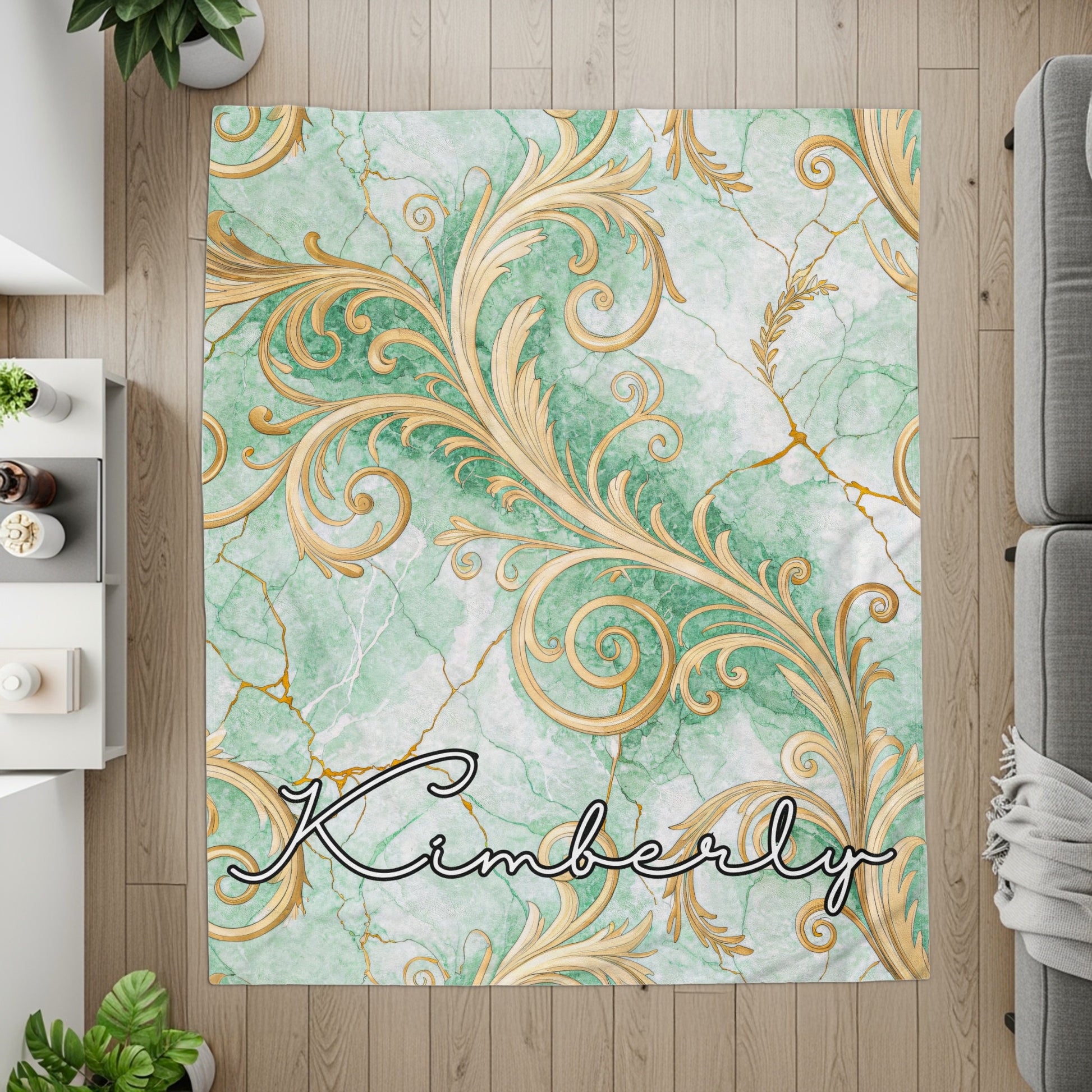 Personalized Kimberly Green Marble Gold Swirl Rug