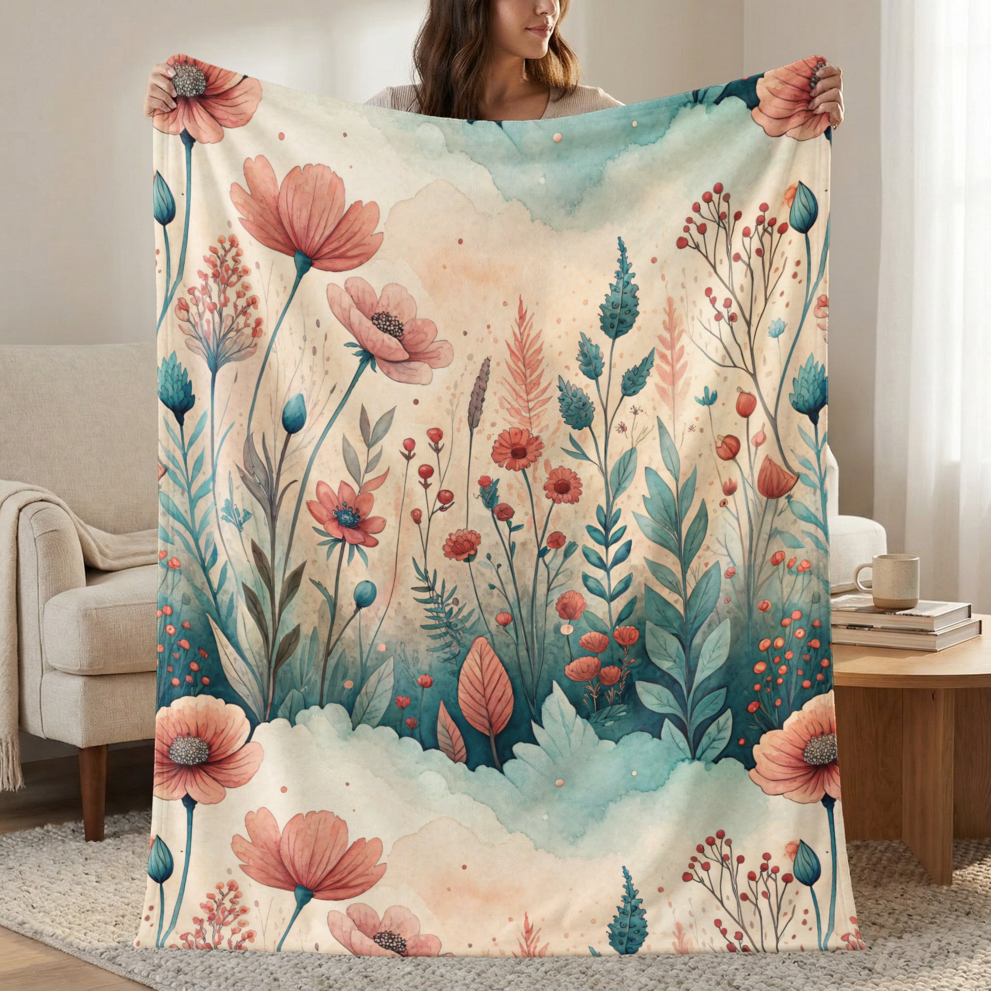 Watercolor Floral Meadow Peach Blossoms and Blue Sprigs - Walk Greener