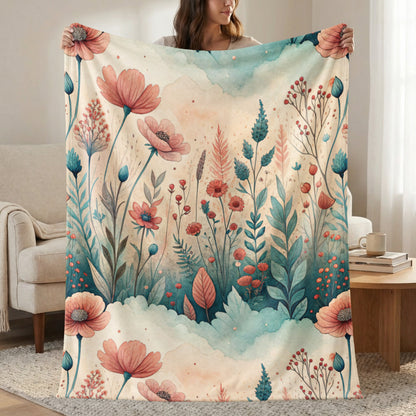 Watercolor Floral Meadow Peach Blossoms and Blue Sprigs - Walk Greener