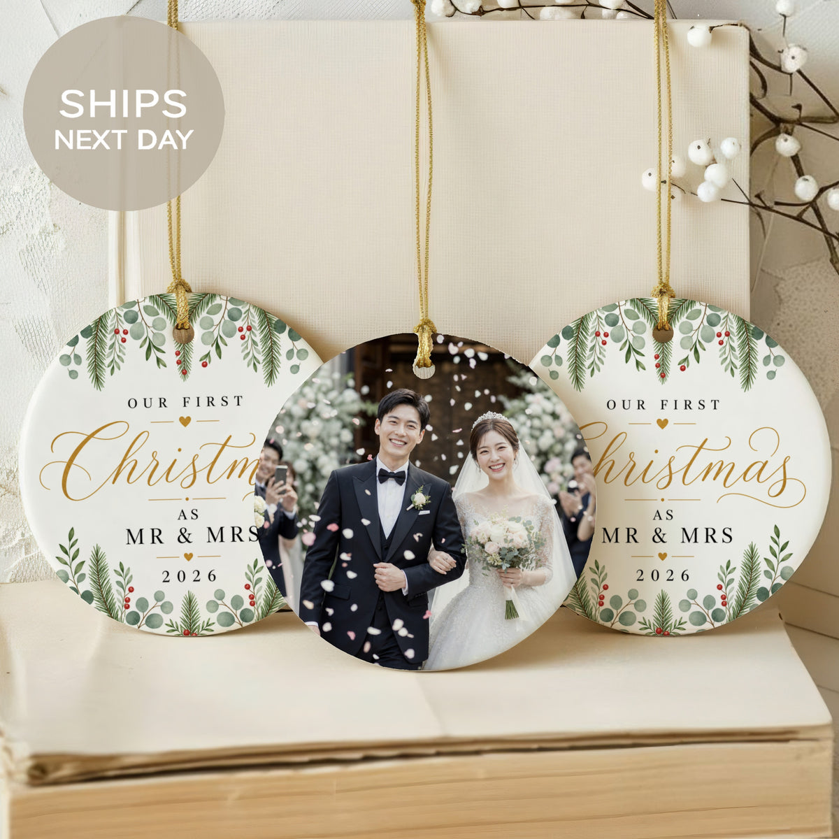Three round ornaments with wedding photo and "Our First Christmas as Mr & Mrs 2026."