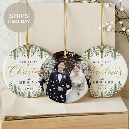 Three round ornaments with wedding photo and "Our First Christmas as Mr & Mrs 2026."