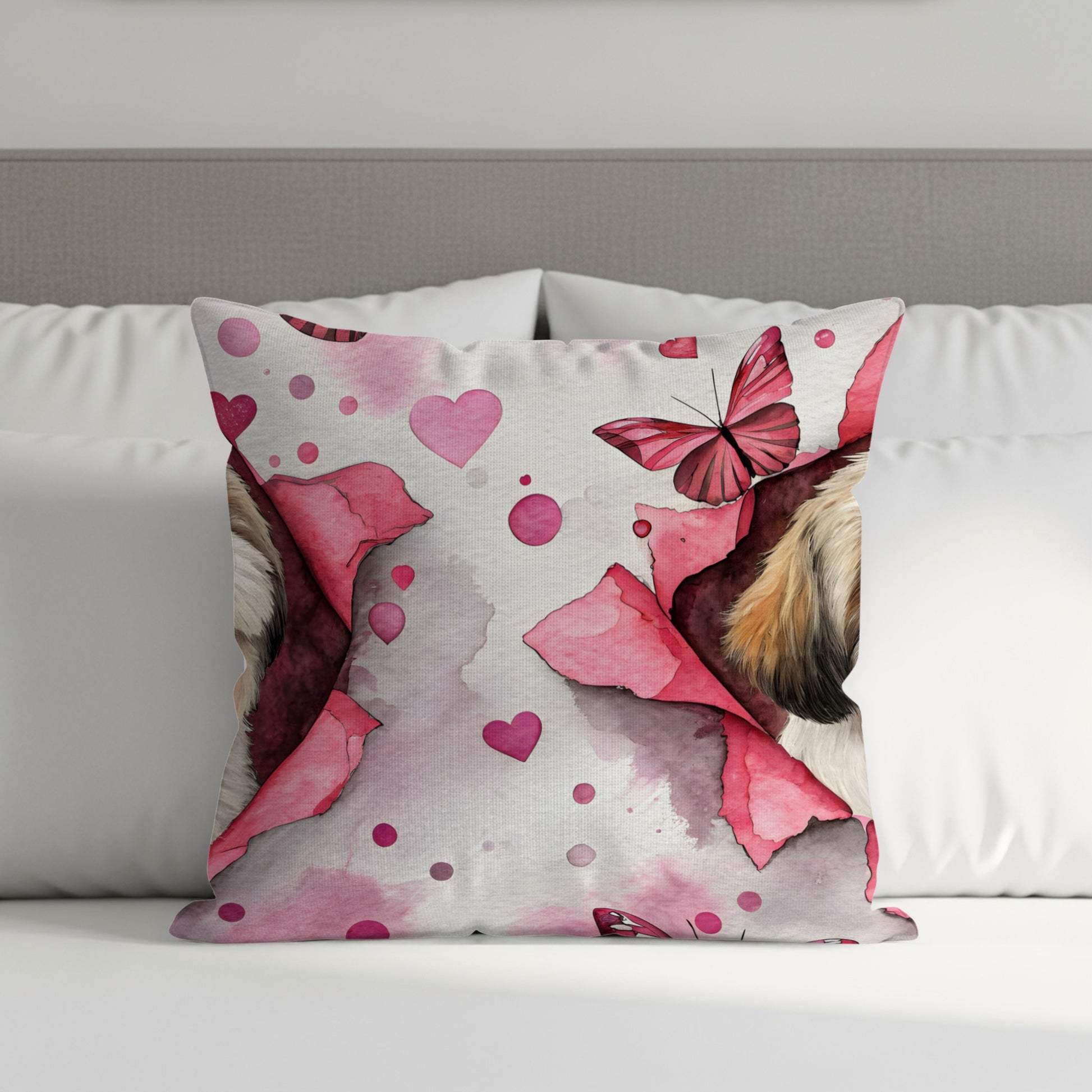 Cute Pink Butterfly and Heart Dog Print Pillow Cover
