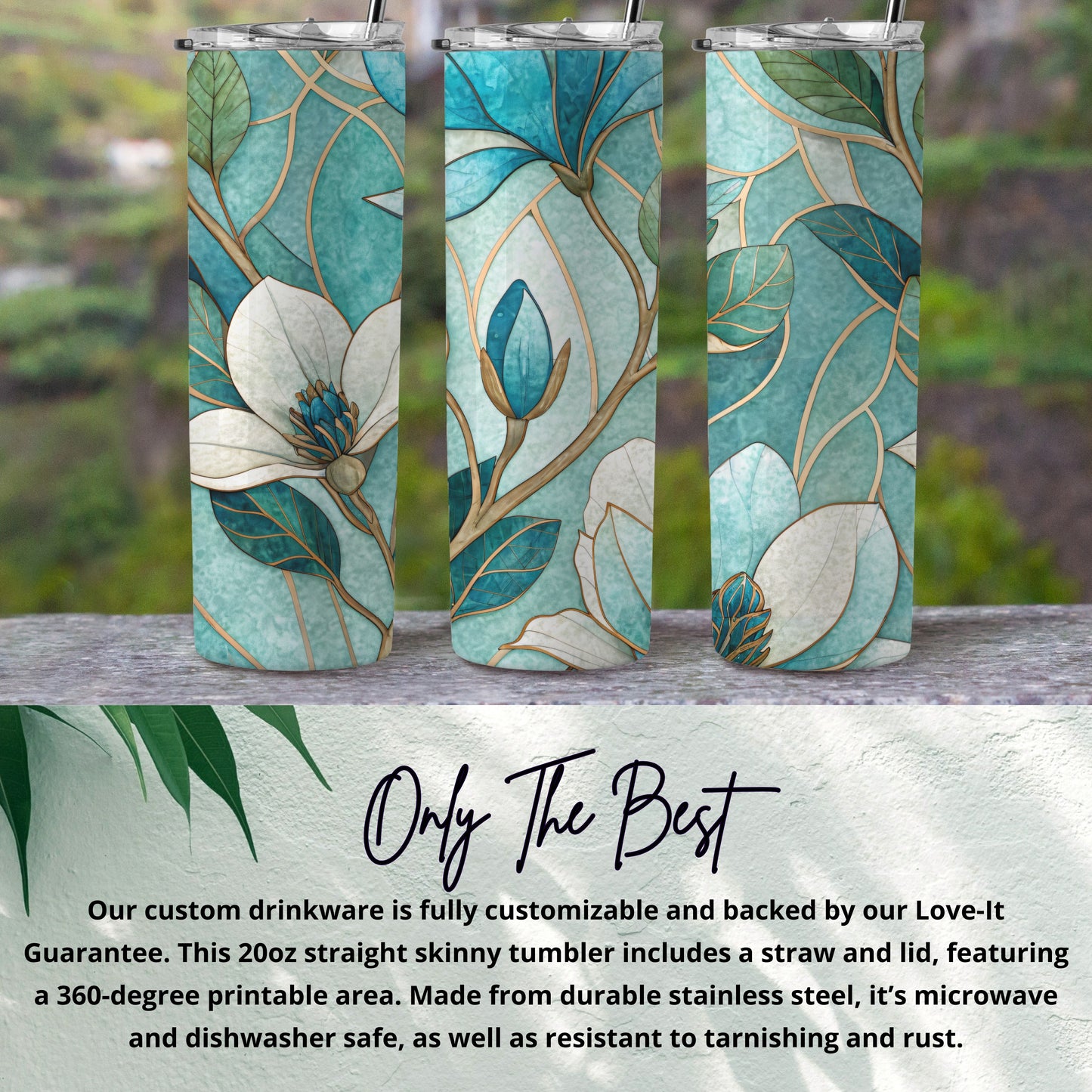 Blue And White Floral Arrangement Golden Lines 20 oz Skinny Tumbler - Walk Greener