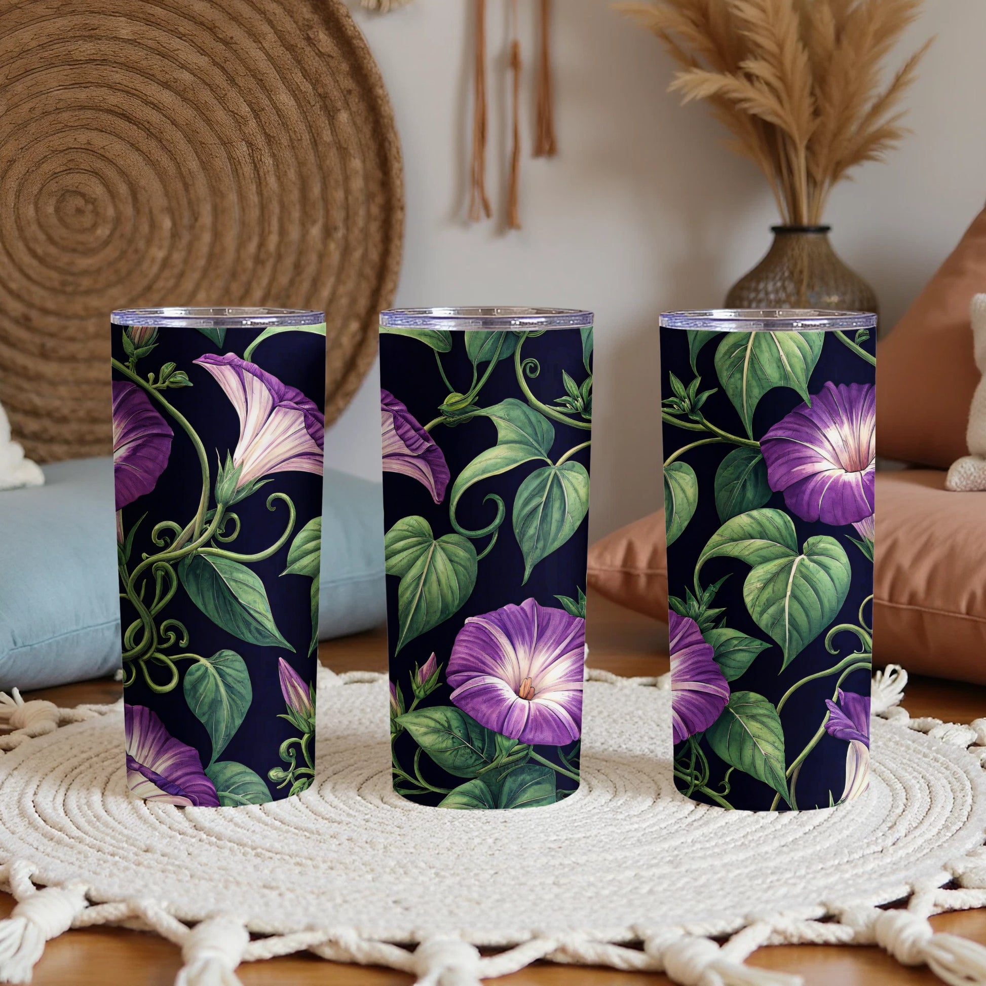 Purple Morning Glory Floral Pattern Art Print Tumblers - Walk Greener