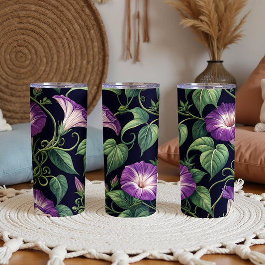 Purple Morning Glory Floral Pattern Art Print Tumblers - Walk Greener