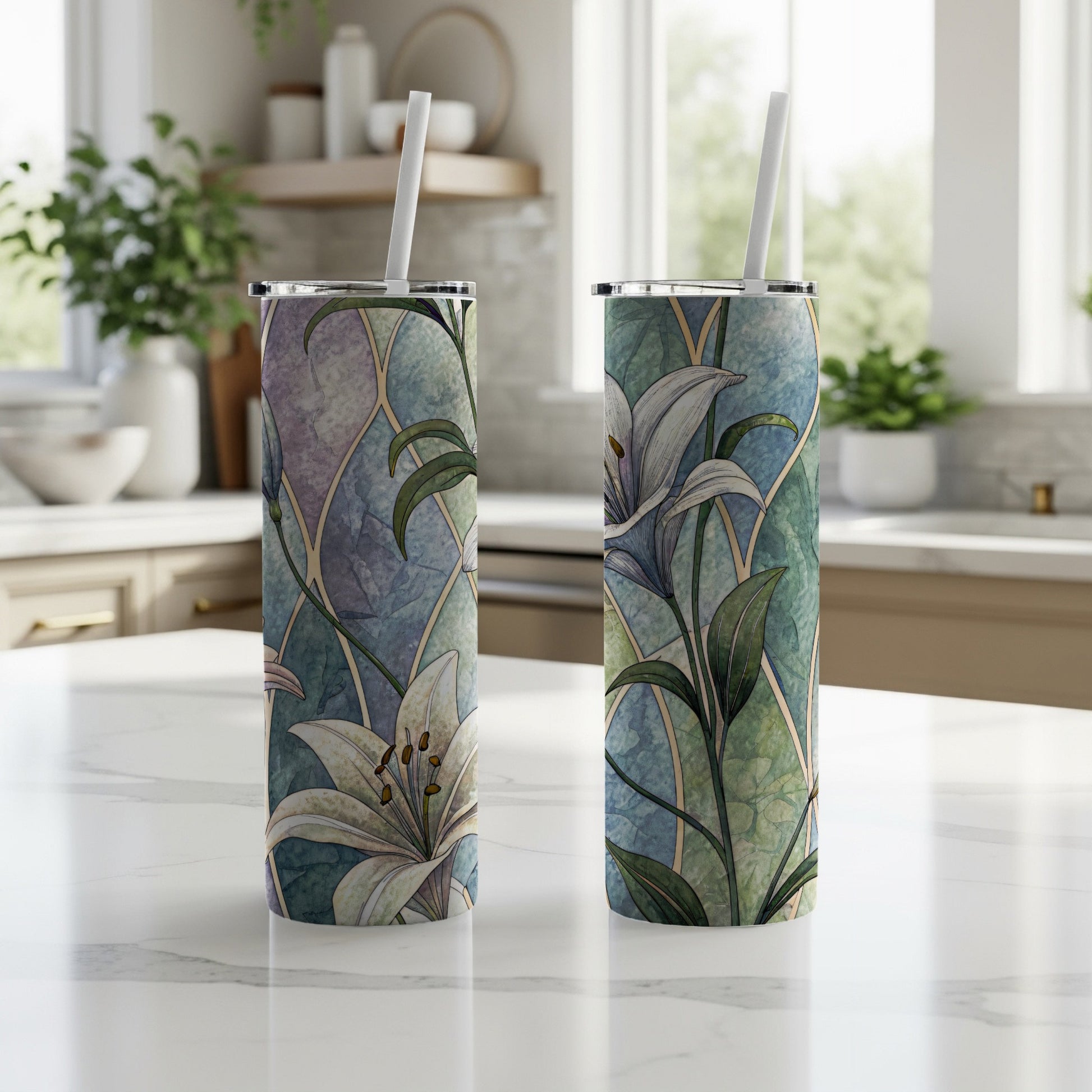 White Lilies Floral Design On Geometric Pattern 20 oz Skinny Tumbler - Walk Greener