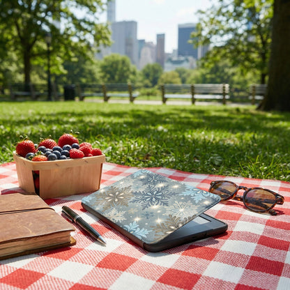 Snowflake-themed protective tablet cover for outdoor use