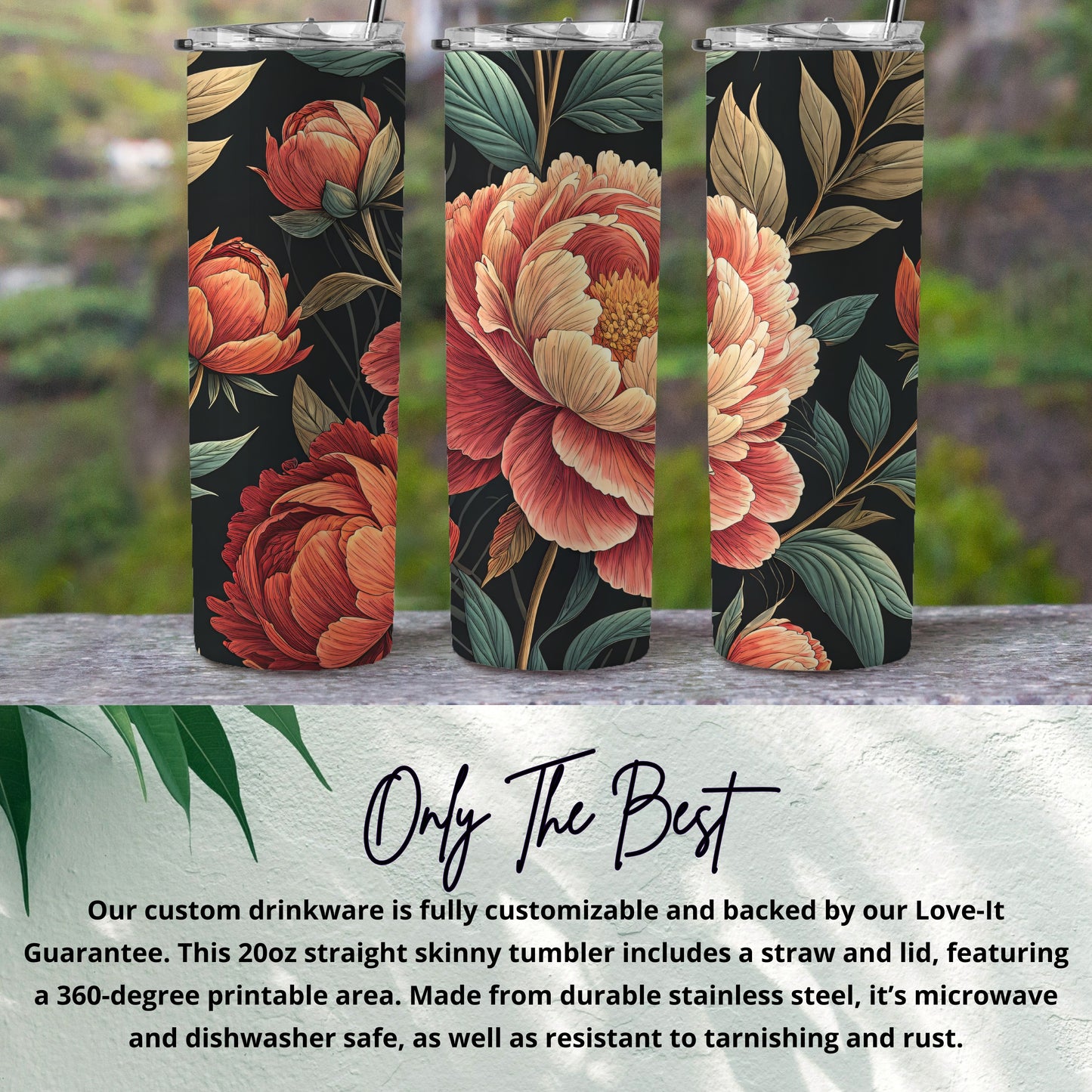 Floral and Leaves Design 20oz Straight Skinny Tumbler