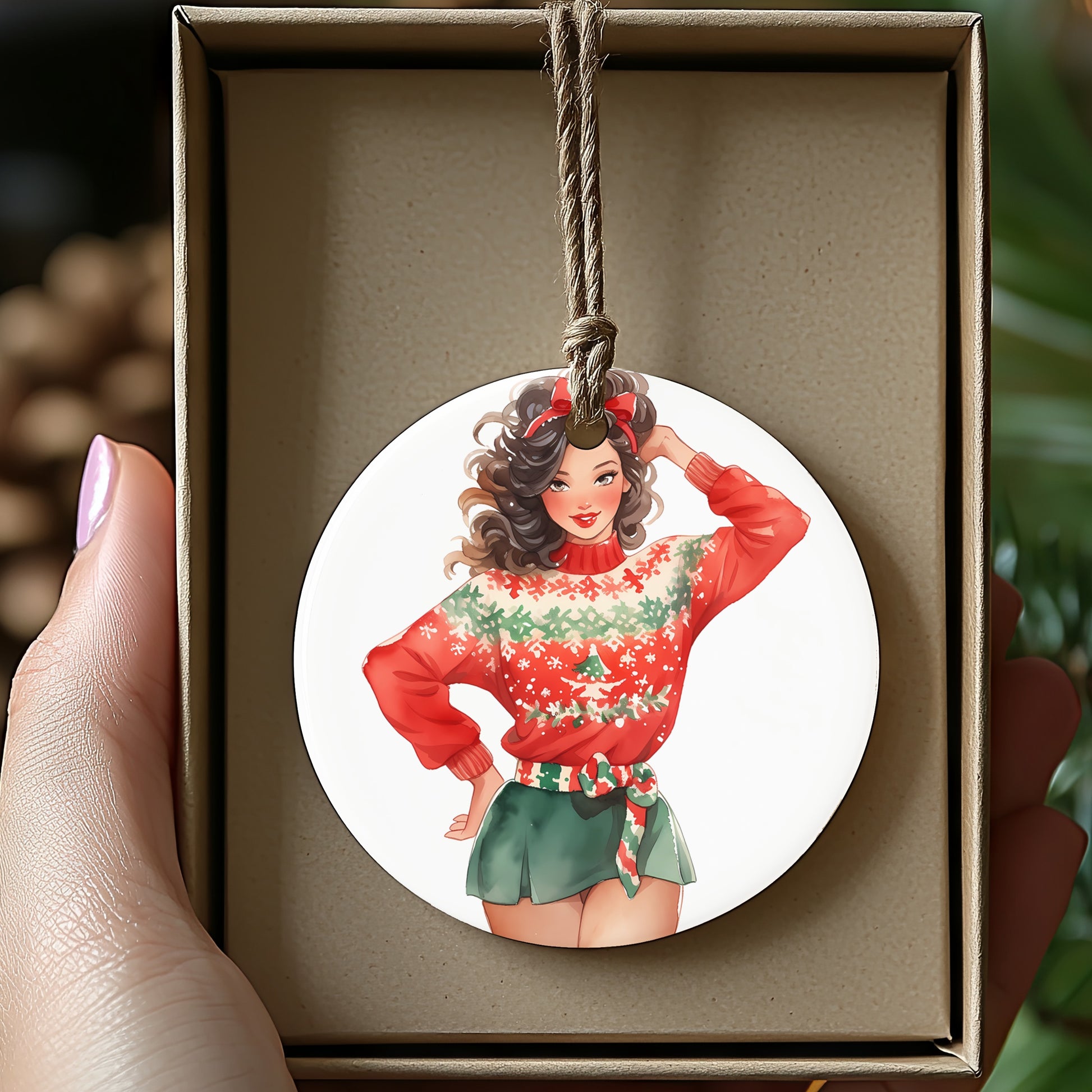 Vintage Holiday Sweater Retro Girl Hanging Ornament product type
