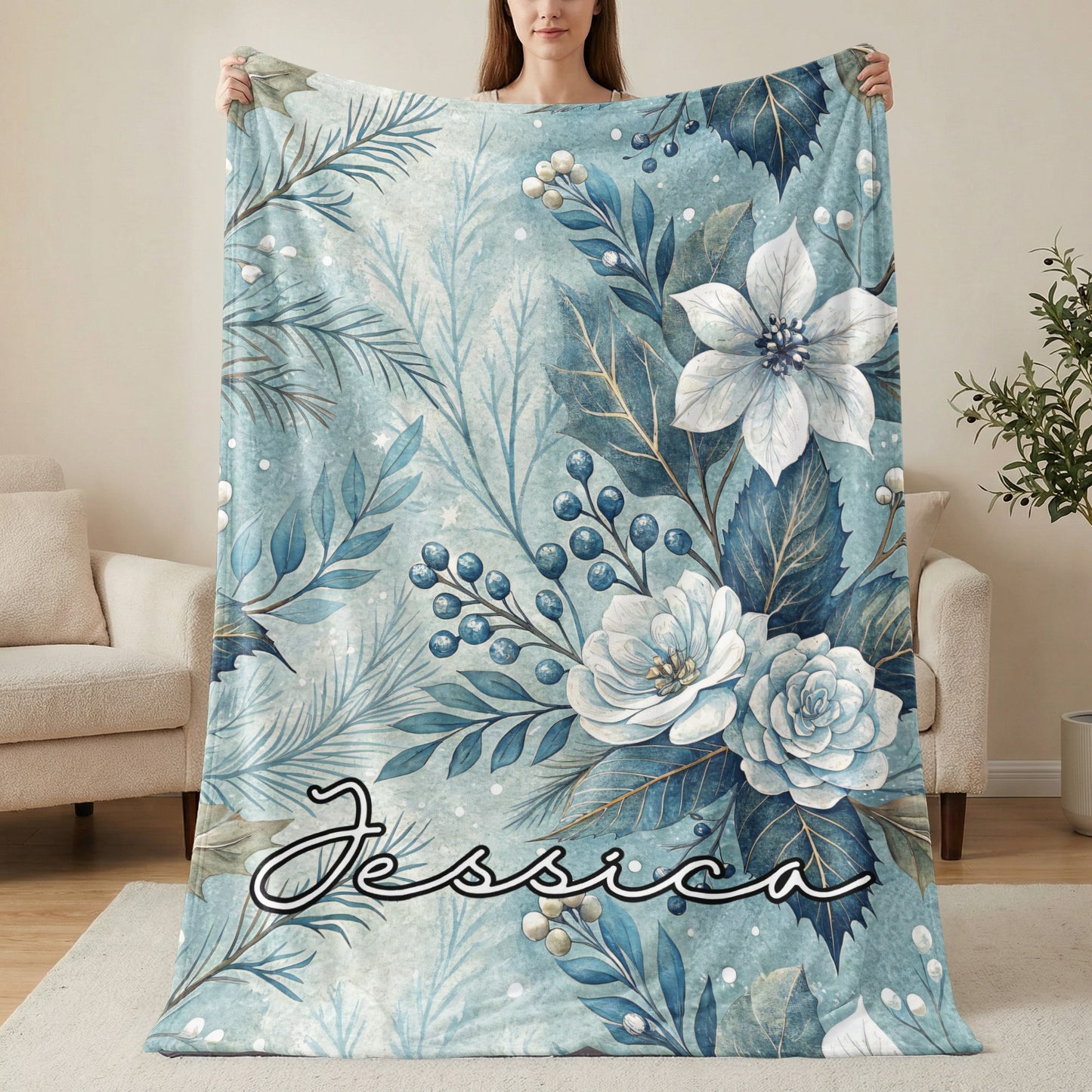 Custom Floral Name Blanket Personalized Throw Blanket