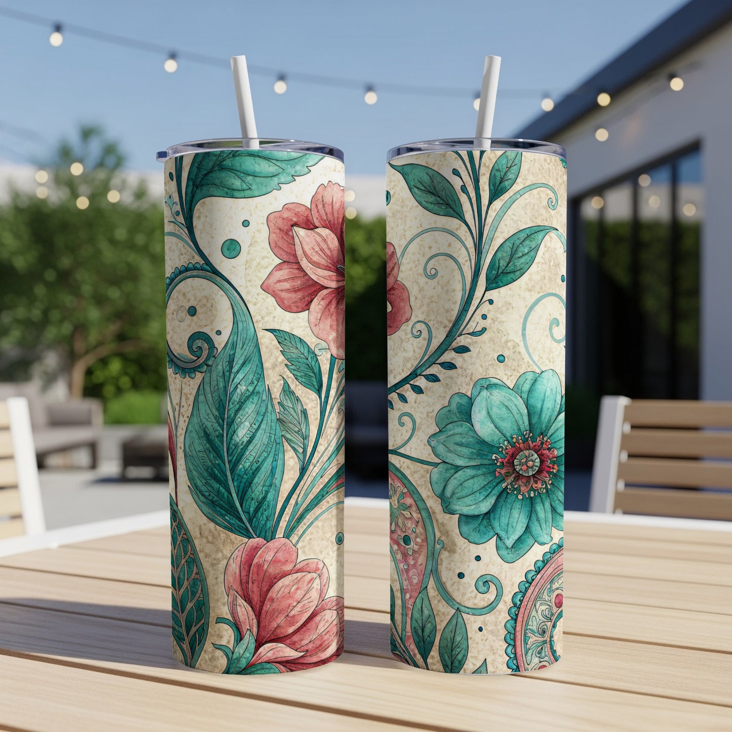 Floral Dreamscape Turquoise Crimson 20 oz Skinny Tumbler - Walk Greener