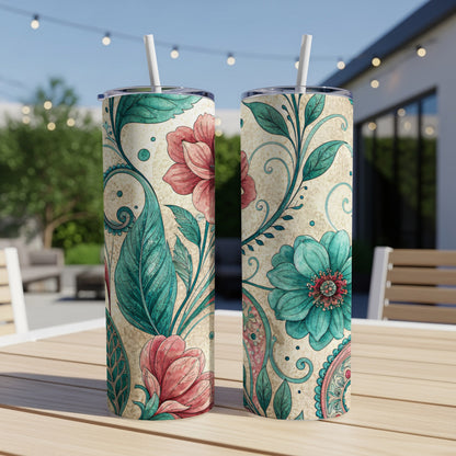Floral Dreamscape Turquoise Crimson 20 oz Skinny Tumbler - Walk Greener