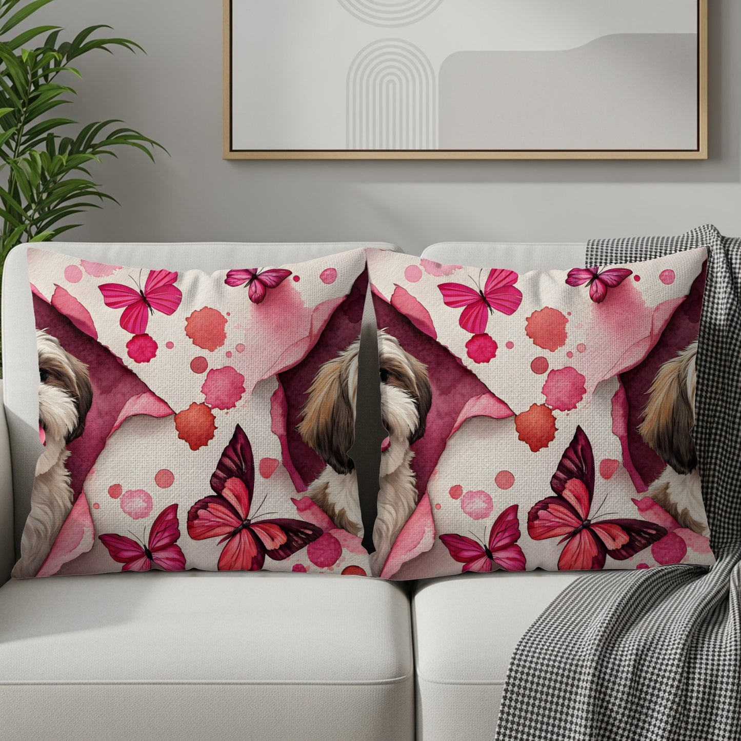Shih Tzu and Pink Butterflies Throw Pillow Set