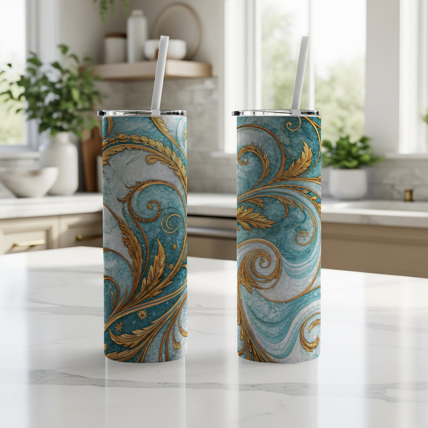 Elegant Blue and Gold Swirl Design Tumbler Product