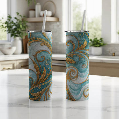 Elegant Blue and Gold Swirl Design Tumbler Product