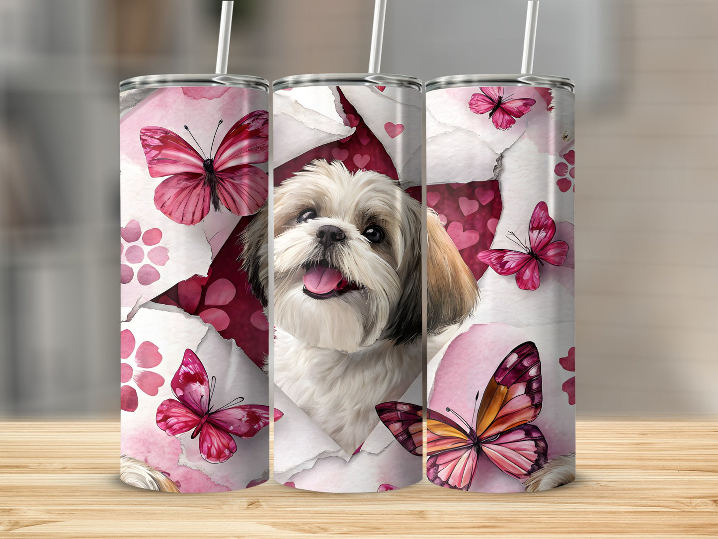 Cute Dog and Pink Butterflies Design Tumbler