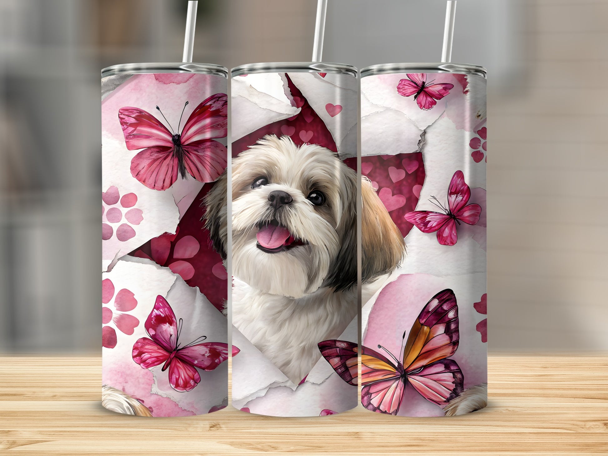 Cute Dog and Pink Butterflies Design Tumbler
