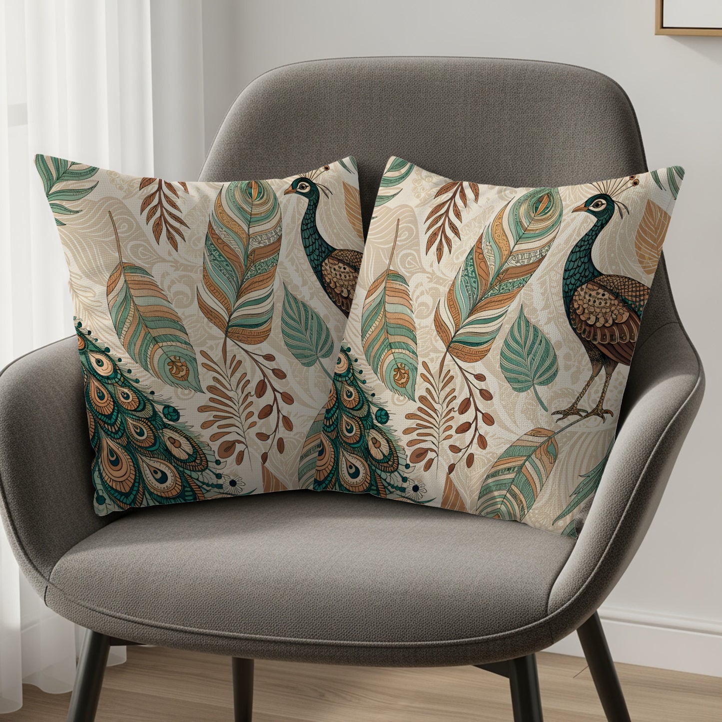 Decorative Peacock and Feathers Throw Pillow Cover Set