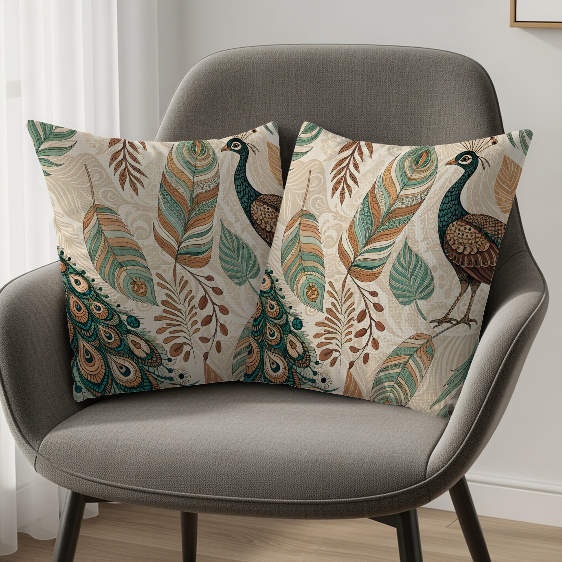Decorative Peacock and Feathers Throw Pillow Cover Set