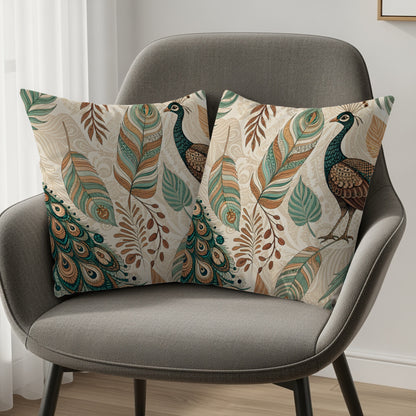 Decorative Peacock and Feathers Throw Pillow Cover Set