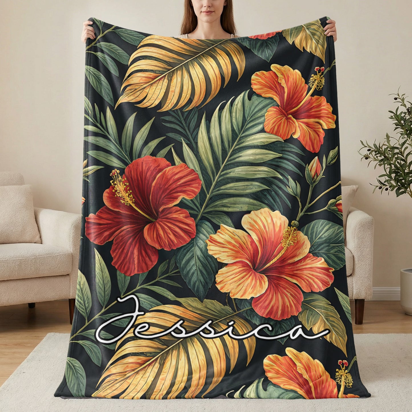 Personalized Tropical Floral Hibiscus Jessica Blanket