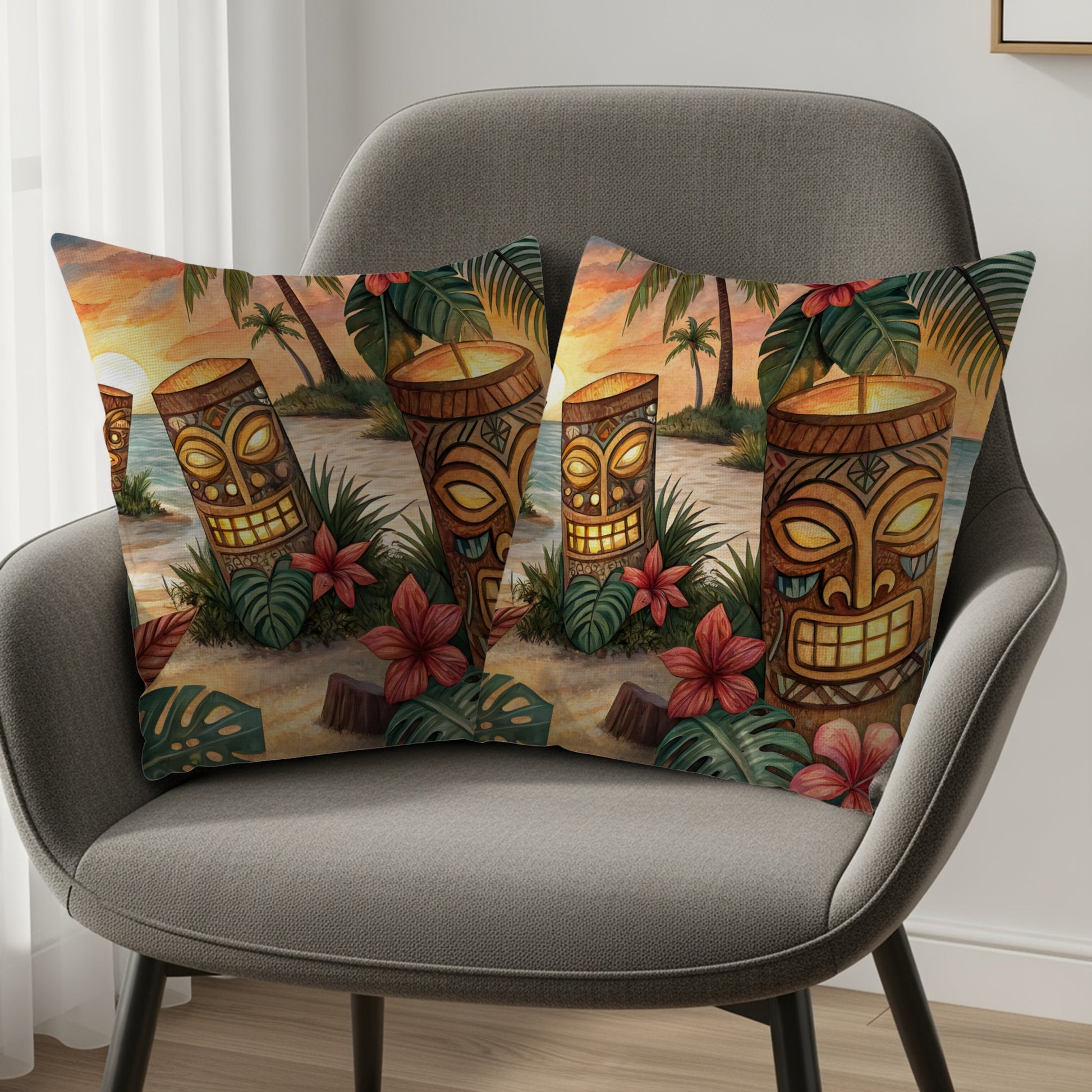 Tropical Tiki Mask Art Beach Scene Throw Pillow Set
